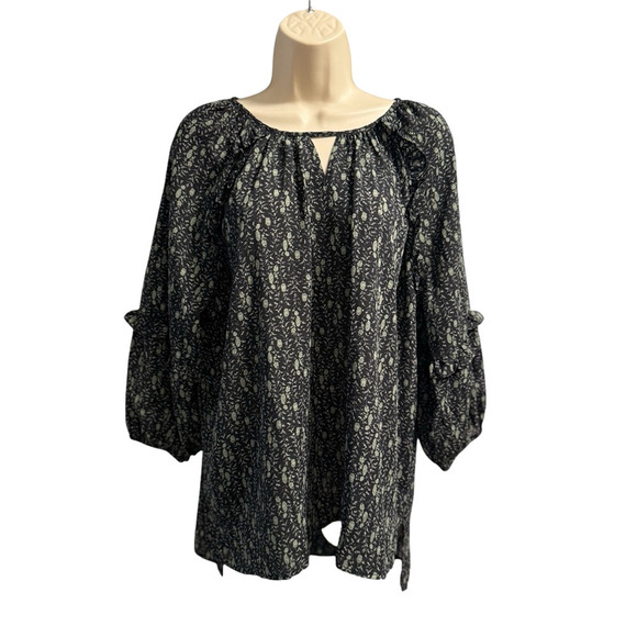 Beacon Apparel Green & Black Floral Print Blouse Size XL - Picture 2 of 9
